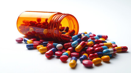 An orange prescription bottle with colorful pills with various shapes and sizes spilling on a white isolated background