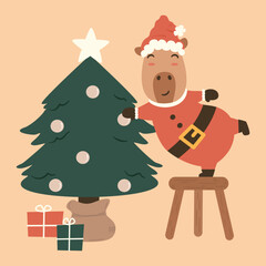 cute hand drawn cartoon character santa claus capybara decorating christmas tree and gift funny winter holiday vector illustration	