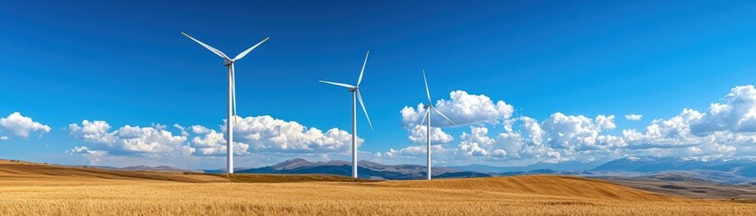 Fototapeta premium A scenic landscape featuring wind turbines against a bright blue sky, symbolizing renewable energy and natural beauty.