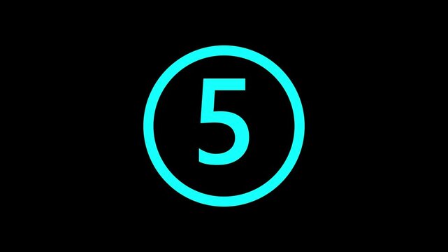 Circle countdown timer 5 seconds animation from 5 to 0 seconds. Simple animation showing a 5 times countdown timer on a black background