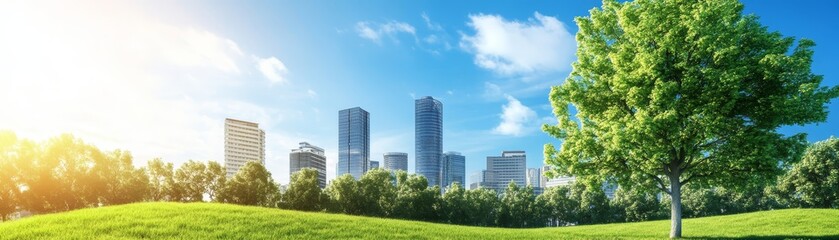 Fototapeta premium Green City Park with Skyscrapers and Blue Sky