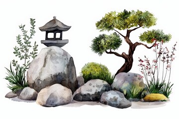 A serene Japanese garden scene featuring a stone lantern, lush greenery, and decorative rocks, perfect for relaxation and meditation.