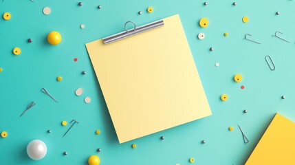 A blank sticky note on a background with minimalist vector elements like paperclips and pins, ready for creative mockups.