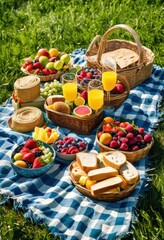 Fototapeta premium vibrant family picnic scene featuring colorful delicious lively outdoor atmosphere, food, gathering, summer, fun, leisure, sunlight, grass, blanket, basket