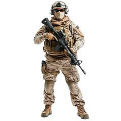 Fototapeta premium PNG Transparent Image of a fully equipped tactical soldier standing confidently, holding a rifle, wearing desert combat gear and protective gear