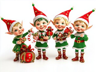 Christmas elves with toys, isolated on white for holiday decoration.