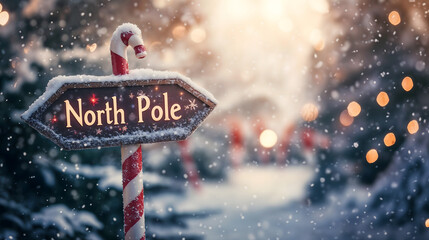  North Pole sign surrounded by snow and Christmas lights, festive holiday scene