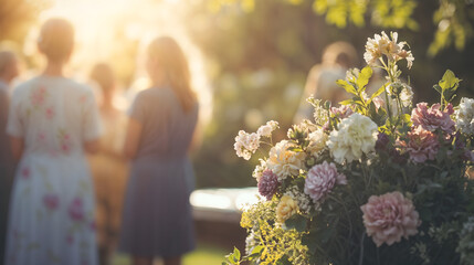 Floral arrangement with pink flowers at a funeral in soft evening sunlight, memorial service decor
