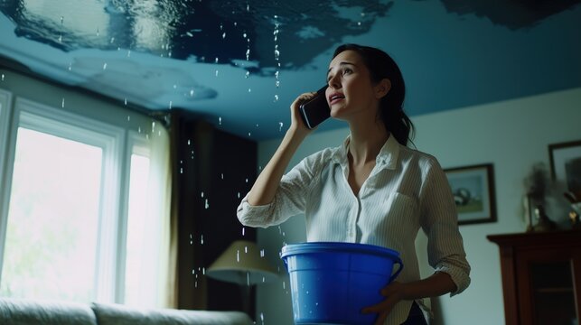 Woman Holding Bucket Under Leaky Roof While Talking on Phone in a Modern Home Interior