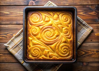 Warm golden cornbread fresh from the oven, topped with a stylized graphic pattern of geometric...