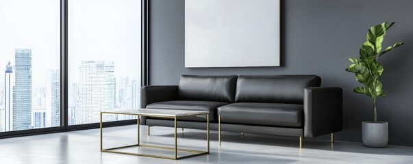 A contemporary living room with a statement leather sofa, minimalist coffee table, and large windows overlooking the city, offering a sleek and urban aesthetic