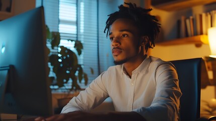 Young Man with Dreadlocks Working on a Computer at Night