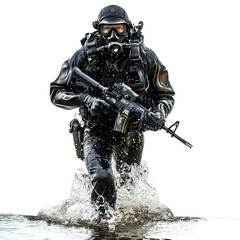 PNG Transparent Image of a Navy SEAL combat diver emerging from the water, running with a rifle in hand, dressed in full tactical gear.