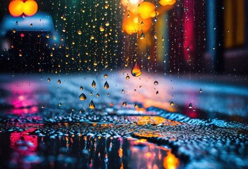 Obraz premium vibrant raindrops dancing shiny surfaces capturing light colorful display beauty, reflection, shine, water, droplet, nature, bounce, pattern, texture, glossy