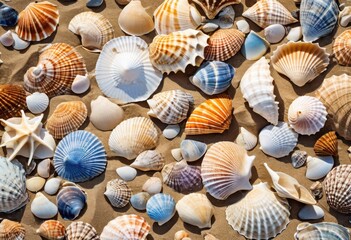 colorful seashell display coastal background featuring various shapes textures beach inspired aesthetic, ocean, decor, design, seaside, collection, art