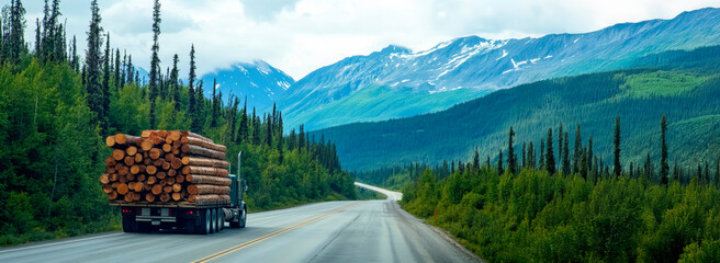 Log trucks with large wooden pallets of trees driving on the road in the forest with mountains in the background, copy space for text