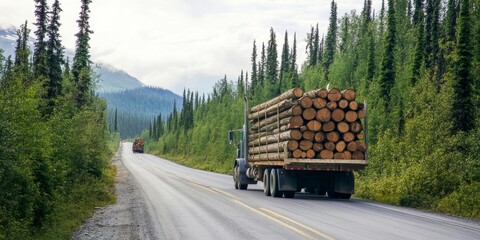 Log trucks with large wooden pallets of trees driving on the road in the forest with mountains in the background, copy space for text