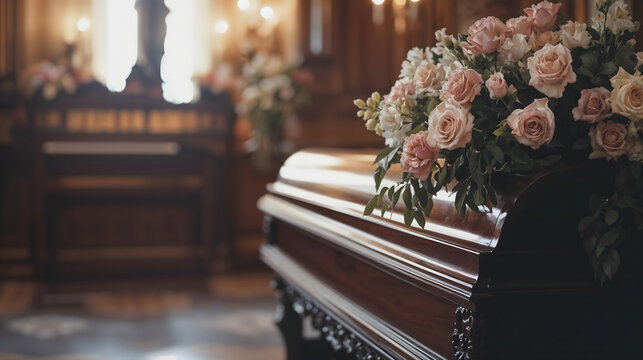 Flower-adorned coffin in an elegant funeral setting, peaceful final farewell