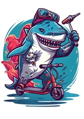 Cartoon shark riding a scooter on a wave with a confident smile. The vibrant colors and playful design convey a fun and adventurous vibe.