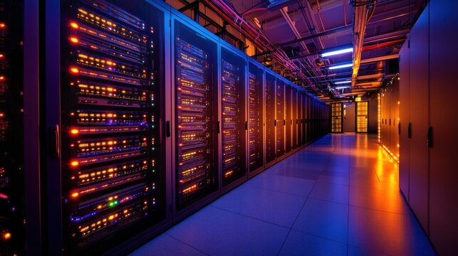 A data center filled with racks of servers, switches, and storage units, with controlled lighting for energy efficiency.
