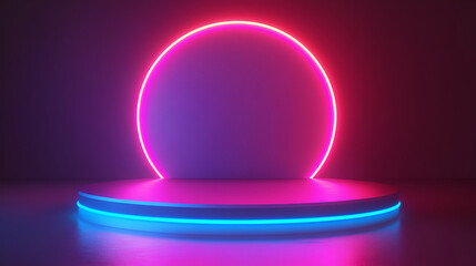 Abstract round podium illuminated with neon lights,Neon light room with round stage in the center,Neon glowing round podium,  abstract background with neon lights, empty round podium for your design