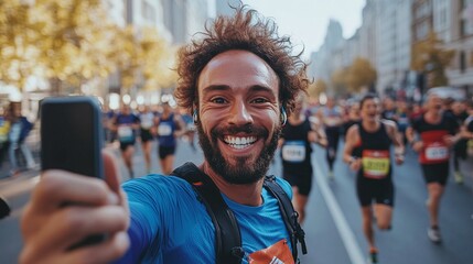 marathon runner taking a selfie during the race capturing the energetic moment, running gear, and personal excitement of the marathon event