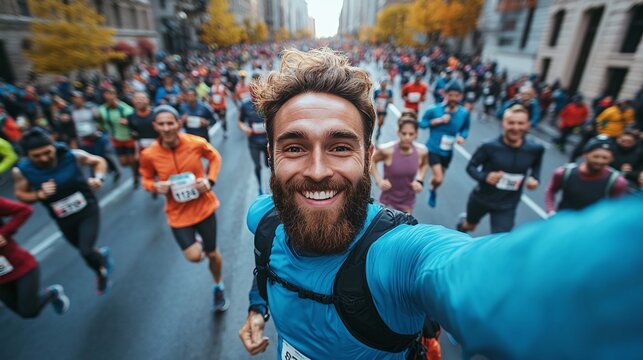 scene of a man capturing a selfie during a marathon run emphasizing the dynamic action, personal achievement, and excitement of the fitness competition