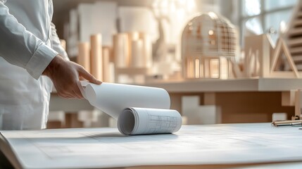 Architect&rsquo;s Hand Holding a Blueprint: An architect's hand holding a rolled-up blueprint, with drafting tools and a model in the background. 
