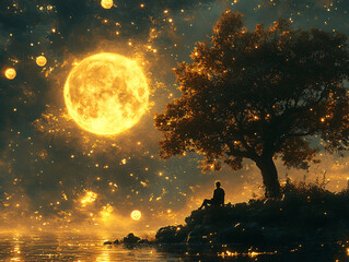 a man sitting under a large, bright moon in a serene landscape.