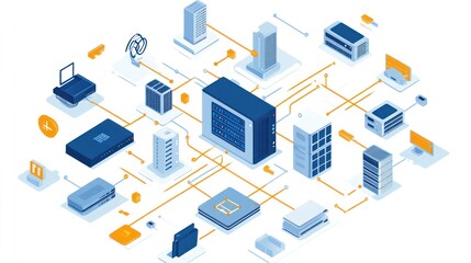 A graphic illustration of network infrastructure, showing how data flows between servers, routers, and firewalls.