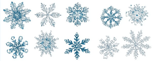 Christmas snowflakes in delicate patterns, isolated on white background.