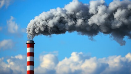 A smokestack with white and red stripes spits out large clouds of thick, dark gray smoke against the blue sky Generative AI