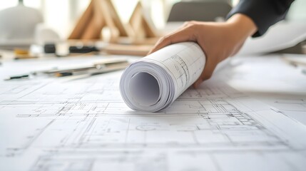 Architect&rsquo;s Hand Holding a Blueprint: An architect's hand holding a rolled-up blueprint, with drafting tools and a model in the background. 
