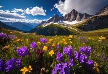 Fototapeta premium stunning mountain landscape adorned vibrant wildflowers showcasing majestic peaks colorful flora under clear blue sky, adventure, adventurous, allure