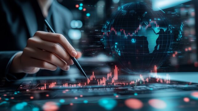 Global Business Analyst Using Digital Tablet with Stock Market Charts and Globe Hologram