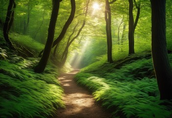 Fototapeta premium enigmatic forest path bathed gentle surrounded lush greenery tall trees creating serene natural environment, sunlight, nature, light, illumination, mystery
