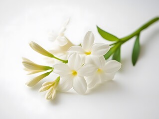 Obraz premium A delicate sprig of white flowers with green leaves, set against a pure white background.