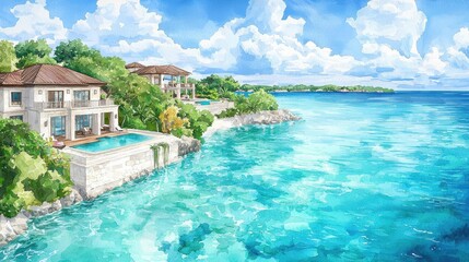 Obraz premium Illustrate an expansive birds-eye view of a luxurious private island, featuring crystal-clear waters and lush greenery in a detailed watercolor style