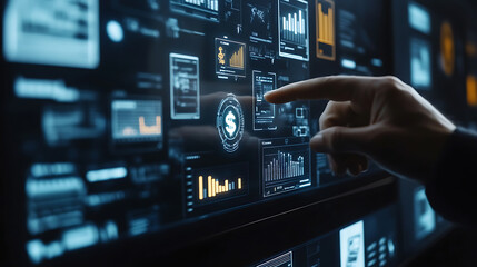 Business professional using a futuristic touchscreen interface to manage financial planning and budgeting, Budget and financial planning concept,Corporate finance and annual strategic plan. invest, Ai