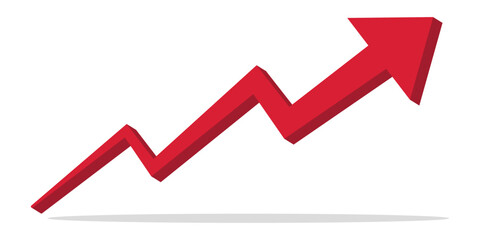 Growth arrow. Growing business 3d arrow. Red 3d grow arrow up symbol direction isolated on white background. Red arrow pointing up grow business financial profit graph. Vector illustration. EPS 10