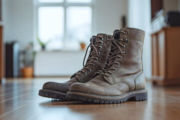 Pair of leather boots on wooden floor in bright room