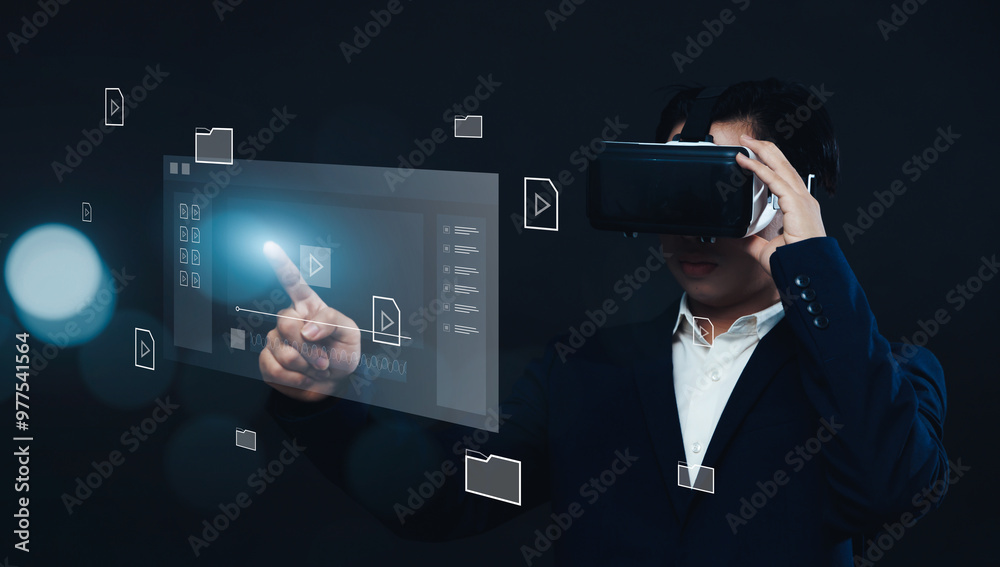 Poster businessman using vr virtual reality headset gear, working with multimedia software application tech