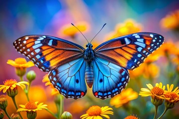 Fototapeta premium A vibrant blue butterfly with orange accents perched on yellow flowers, set against a colorful, blurred background, showcasing nature's beauty.