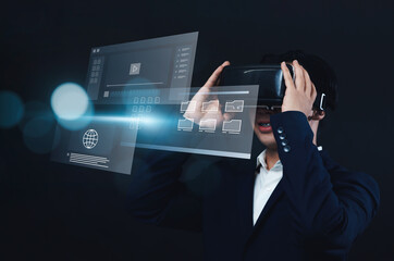 Businessman using VR virtual reality headset gear, working with multimedia software application technology, tools for business production, managing computer files document in augmented reality.