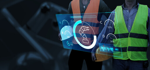 Engineering team monitoring robotic AI arms in manufacturing factory plant, partner manager teamwork using holographic ui display analysis innovation technology, male engineer, banner background.
