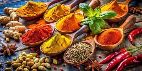 Fototapeta premium Colorful assortment of spices and herbs including turmeric, paprika, cumin, and basil on a rustic wooden table. Vibrant culinary ingredients.