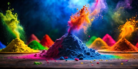 Colorful powder explosions in vibrant hues creating artistic and dynamic scenes, perfect for festival celebrations or creative backgrounds.