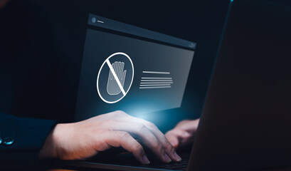 Blocked from accessing Online internet web page of websites security, Internet Caution and warning on risks and threats that can harm your business data and information on laptop.