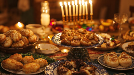 Hanukkah feast with menorah and traditional food, festive Jewish holiday celebration