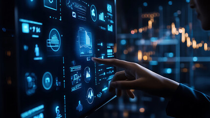 Business professional using a futuristic touchscreen interface to manage financial planning and budgeting, Budget and financial planning concept,Corporate finance and annual strategic plan. invest, Ai